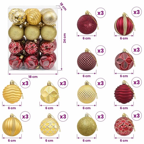 Set božićnih kuglica 36 kom. Zlatna i vinsko crvena 6 cm - Zlatna i vinsko crvena