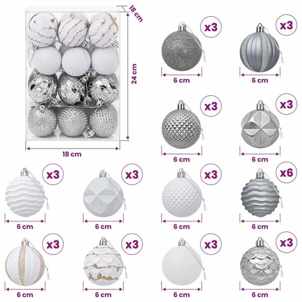 Set božićnih kuglica 36 kom. Bijela i siva 6 cm Polistiren - Bijela i siva