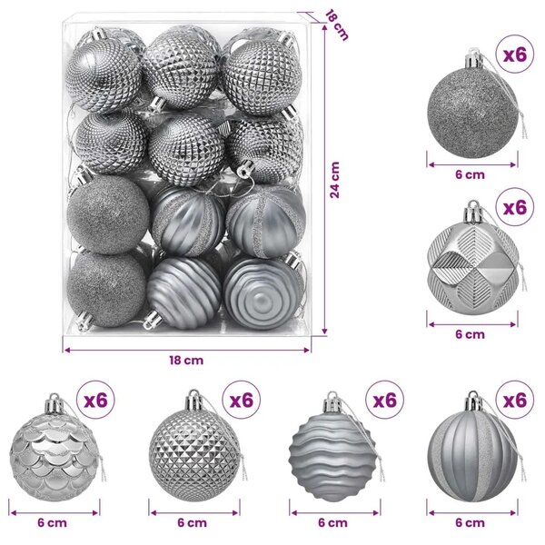 Set božićnih kuglica 36 kom. Siva 6 cm Polistiren - Siva