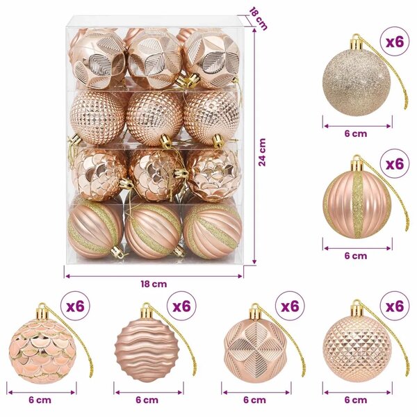 Set božićnih kuglica 36 kom. Ružičasto zlatni 6 cm Polistiren - ružičasto zlatna