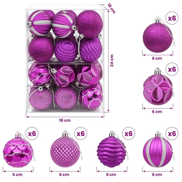 Set božićnih kuglica 36 kom. Lila 6 cm Polistiren - Lila