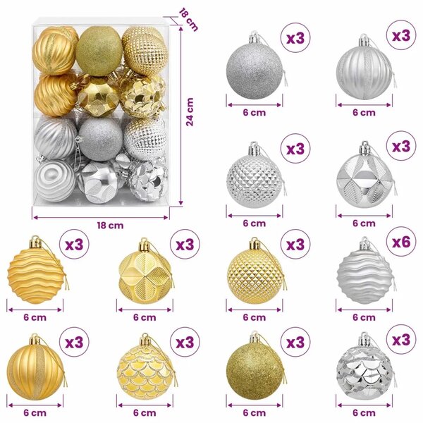 Set božićnih kuglica 36 kom. Srebrna i zlatna 6 cm Polistiren - Srebrna i zlatna