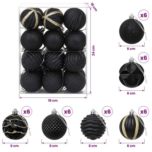 Set božićnih kuglica 36 kom. Crna 6 cm Polistiren - Crna