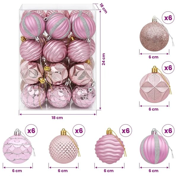 Set božićnih kuglica 36 kom. Ružičasta 6 cm Polistiren - Ružičasta