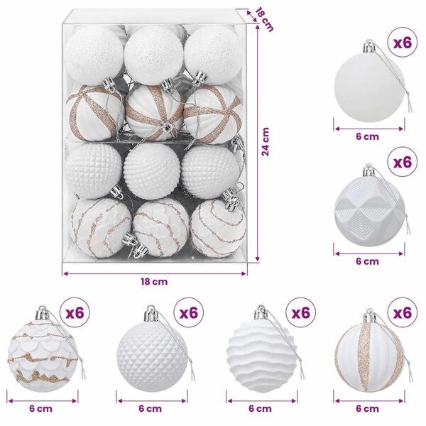 Set božićnih kuglica 36 kom. Bijela 6 cm Polistiren - Bijela