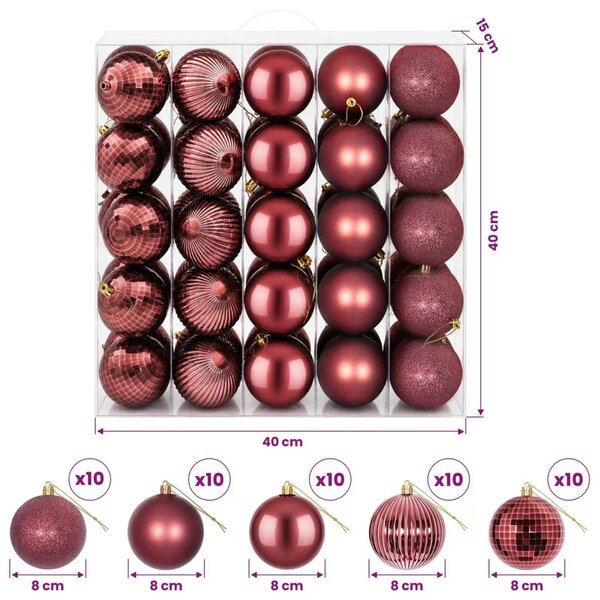 Set božićnih kuglica 50 kom. Vinska crvena 8 cm Polistiren - boja crnog vina