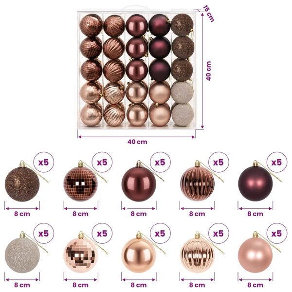 Set božićnih kuglica 50 kom. Boja šampanjca i smeđa 8 cm - Boja šampanjca i smeđa