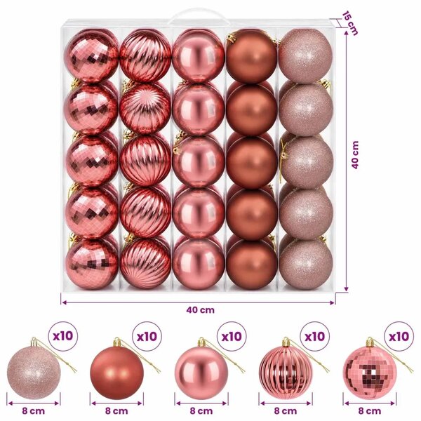 Set božićnih kuglica 50 kom. Ružičasta i roza 8 cm Polistiren - Ružičasta