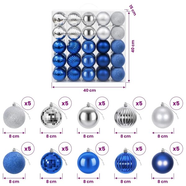 Set božićnih kuglica 50 kom. Plava i srebrna 8 cm Polistiren - Plava i srebrna
