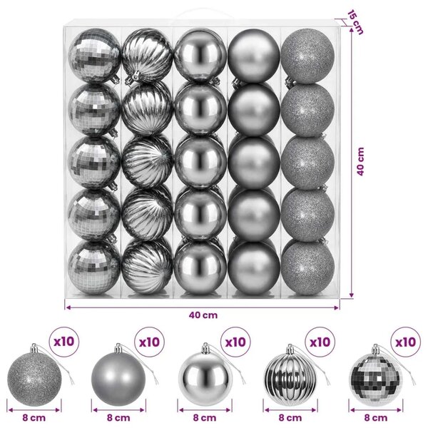 Set božićnih kuglica 50 kom. Siva 8 cm Polistiren - Siva
