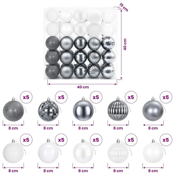 Set božićnih kuglica 50 kom. Bijela i siva 8 cm Polistiren - Bijela i siva