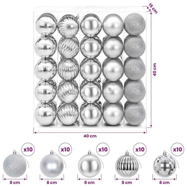 Set božićnih kuglica 50 kom. Srebrna 8 cm Polistiren - Srebrna