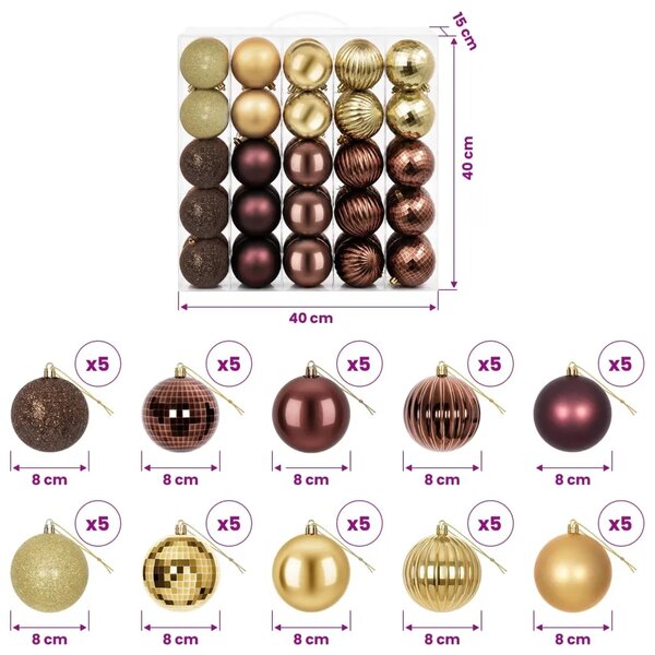 Set božićnih kuglica 50 kom. Smeđa i zlatna 8 cm Polistiren - Smeđa i zlatna