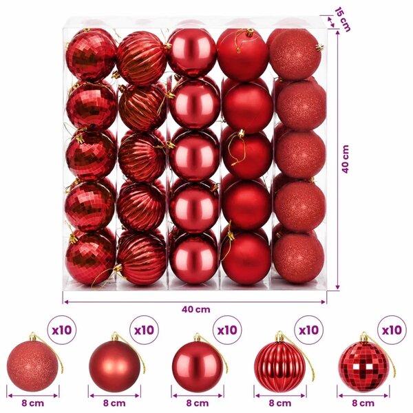 Set božićnih kuglica 50 kom. Crvena 8 cm Polistiren - Crvena