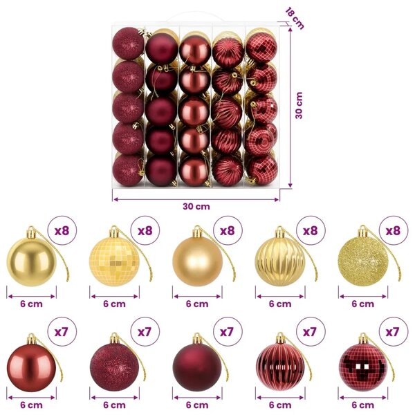 Set božićnih kuglica 75 kom. Zlatna i vinsko crvena 6 cm - Zlatna i vinsko crvena