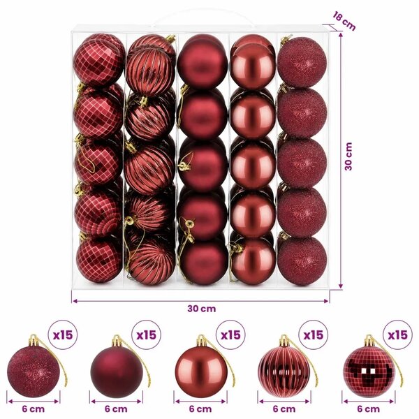 Set božićnih kuglica 75 kom. Vinska crvena 6 cm Polistiren - boja crnog vina
