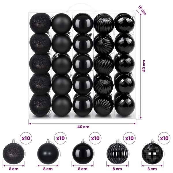 Set božićnih kuglica 50 kom. Crna 8 cm Polistiren - Crna