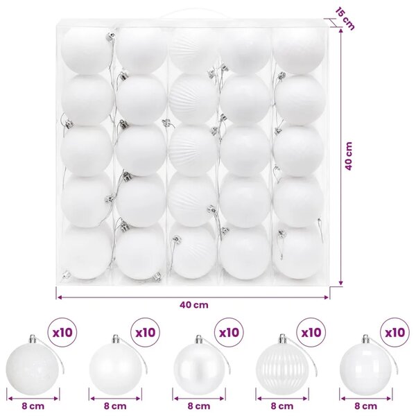 Set božićnih kuglica 50 kom. Bijela 8 cm Polistiren - Bijela