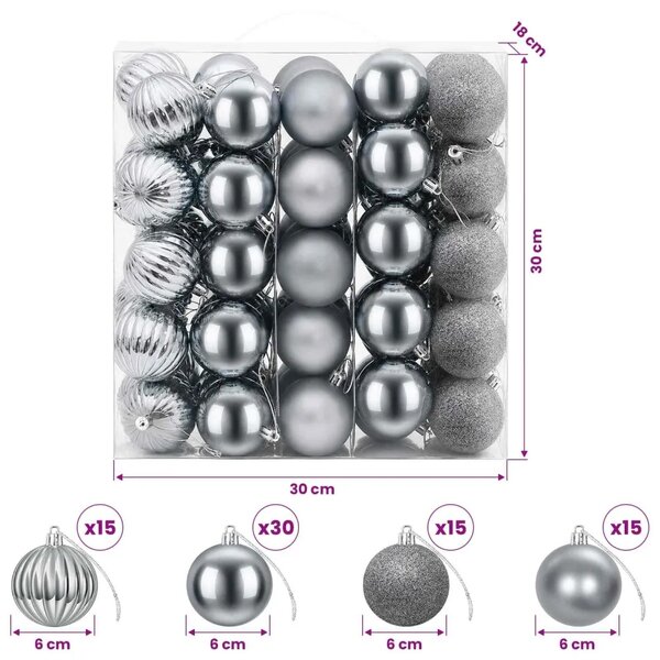 Set božićnih kuglica 75 kom. Siva 6 cm Polistiren - Siva