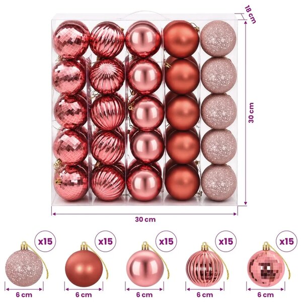 Set božićnih kuglica 75 kom. Ružičasta i boja ruže 6 cm - Ružičasta
