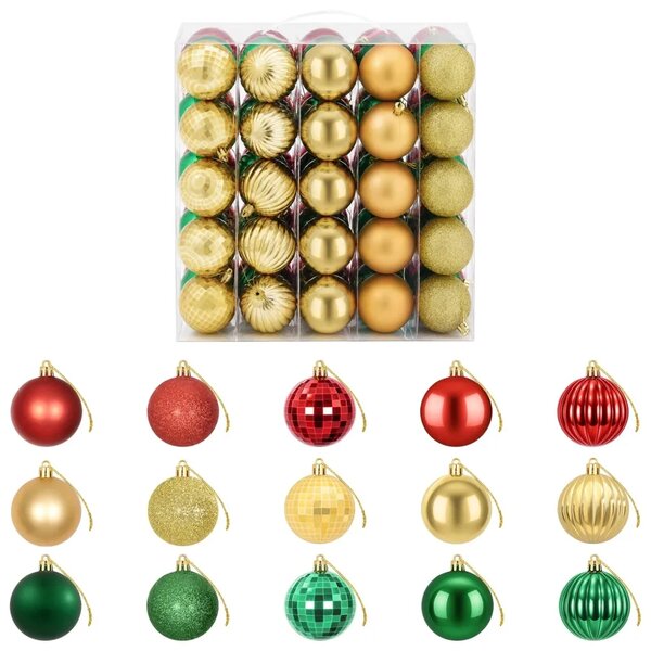 Set božićnih kuglica 75 kom. Crvena zlatna i zelena 6 cm - Crvena/zlatna/zelena