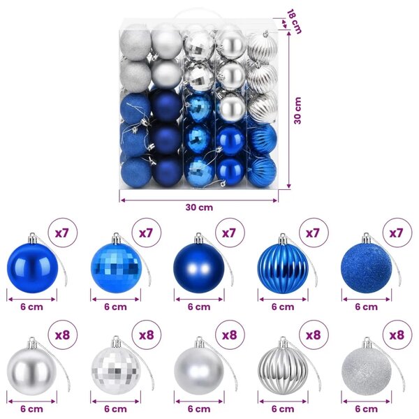 Set božićnih kuglica 75 kom. Plava i srebrna 6 cm Polistiren - Plava i srebrna