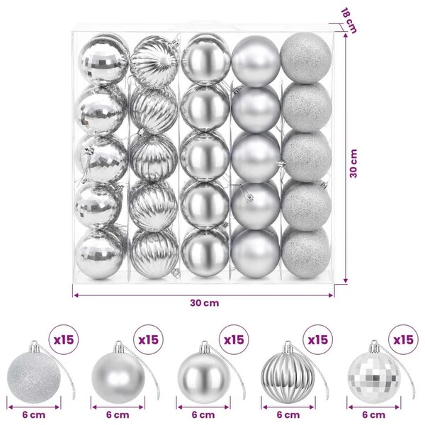 Set božićnih kuglica 75 kom. Srebrna 6 cm Polistiren - Srebrna