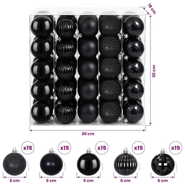 Set božićnih kuglica 75 kom. Crna 6 cm Polistiren - Crna