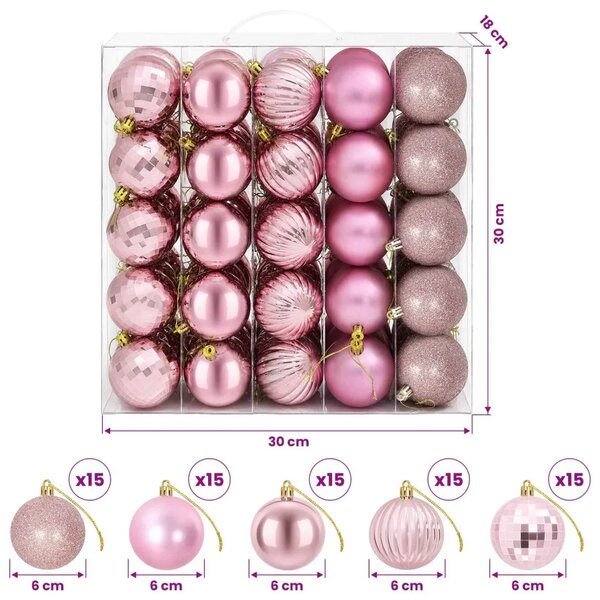 Set božićnih kuglica 75 kom. Ružičasta 6 cm Polistiren - Ružičasta