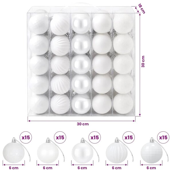 Set božićnih kuglica 75 kom. Bijela 6 cm Polistiren - Bijela