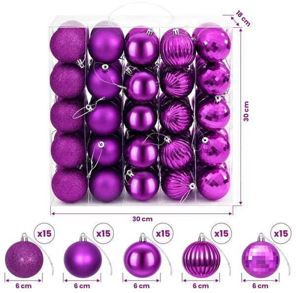 Set božićnih kuglica 75 kom. Lila 6 cm Polistiren - Lila