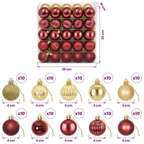 Set božićnih kuglica 100 kom. Zlatna i vinsko crvena 4 cm - Zlatna i vinsko crvena