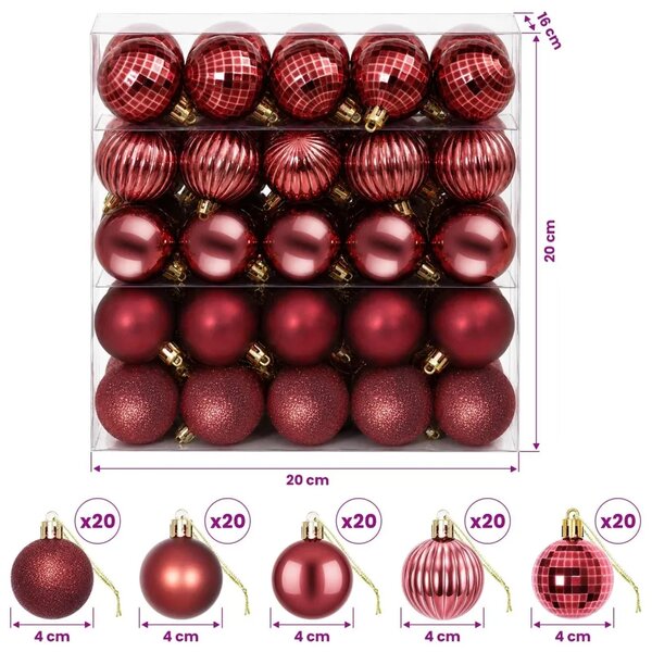 Set božićnih kuglica 100 kom. Vinska crvena 4 cm Polistiren - boja crnog vina