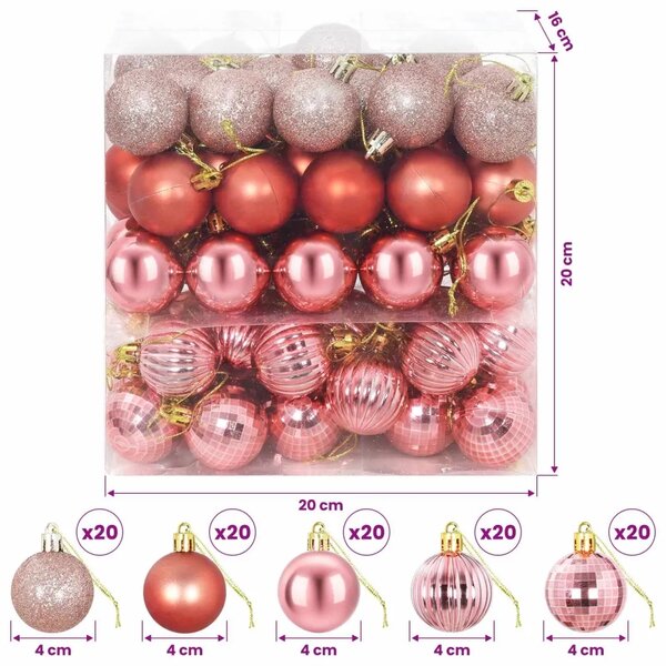 Set božićnih kuglica 100 kom. Ružičasta i roza 4 cm Polistiren - Ružičasta