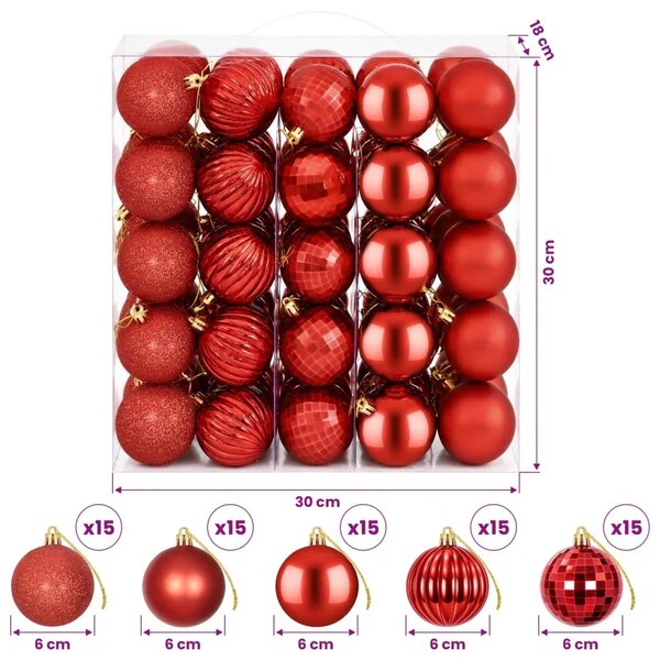 Set božićnih kuglica 75 kom. Crvena 6 cm Polistiren - Crvena