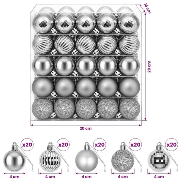 Set božićnih kuglica 100 kom. Siva 4 cm Polistiren - Siva