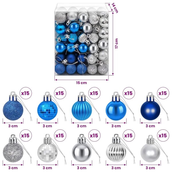 Set božićnih kuglica 150 kom. Plava i srebrna 3 cm Polistiren - Plava i srebrna