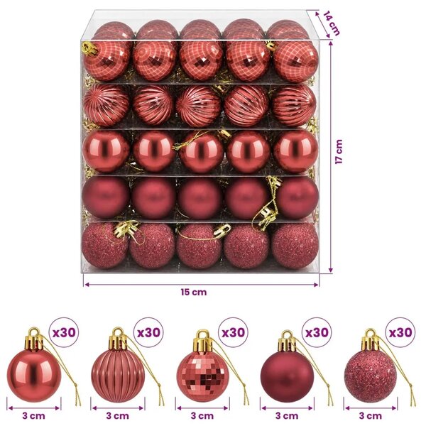 Set božićnih kuglica 150 kom. Vinska crvena 3 cm Polistiren - boja crnog vina