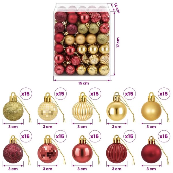Set božićnih kuglica 150 kom. Zlatna i vinsko crvena 3 cm - Zlatna i vinsko crvena