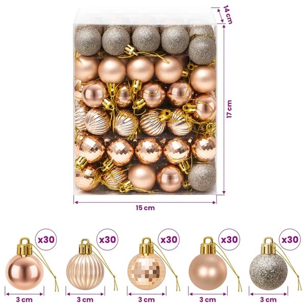 Set božićnih kuglica 150 kom. Ružičasto zlatni 3 cm Polistiren - ružičasto zlatna