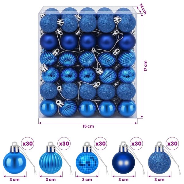 Set božićnih kuglica 150 kom. Plava 3 cm Polistiren - Plava