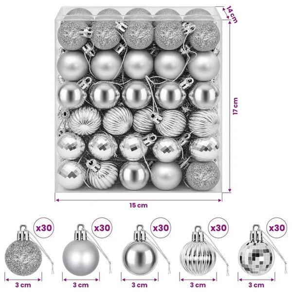 Set božićnih kuglica 150 kom. Srebrna 3 cm Polistiren - Srebrna