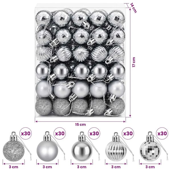 Set božićnih kuglica 150 kom. Siva 3 cm Polistiren - Siva
