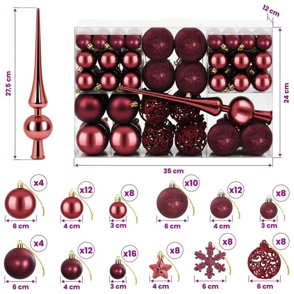 Set božićnih kuglica 111 kom. Vinska crvena 6 cm Polistiren - boja crnog vina
