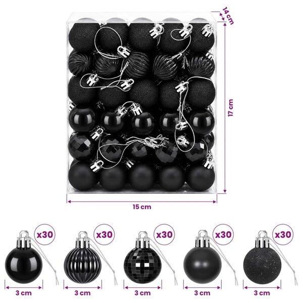 Set božićnih kuglica 150 kom. Crna 3 cm Polistiren - Crna