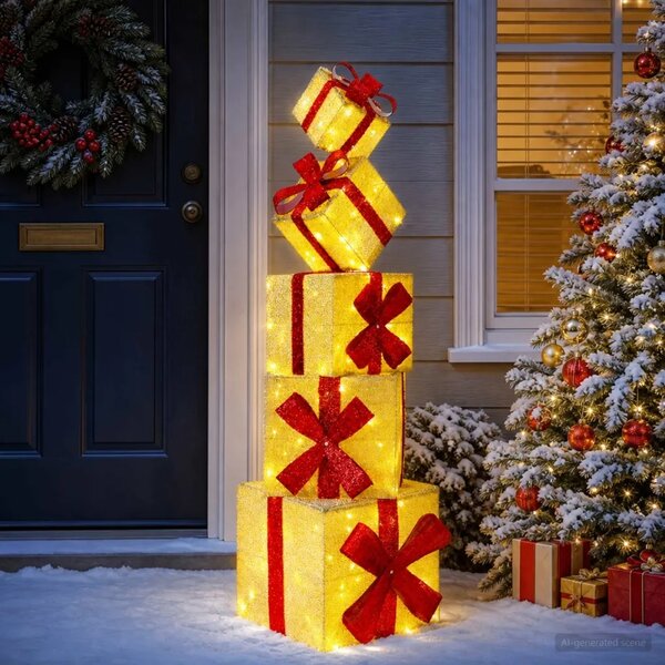 Božićni ukras poklon kutija 5 kom. 125 LED lampica Topla bijela - Zlatna tkanina