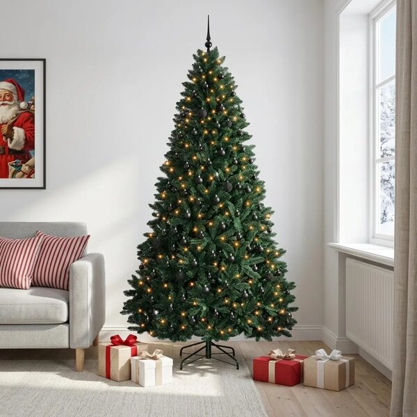 Umjetno božićno drvce tamnozeleno s kuglicama 270 cm - Tamnozelena Ø 128 x 270 cm s 300 LED dioda i crnim lopticama