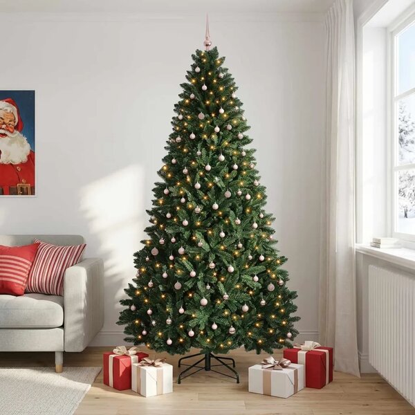 Umjetno božićno drvce tamnozeleno s kuglicama 270 cm - Tamnozelena Ø 128 x 270 cm s 300 LED dioda i ružičastim lopticama