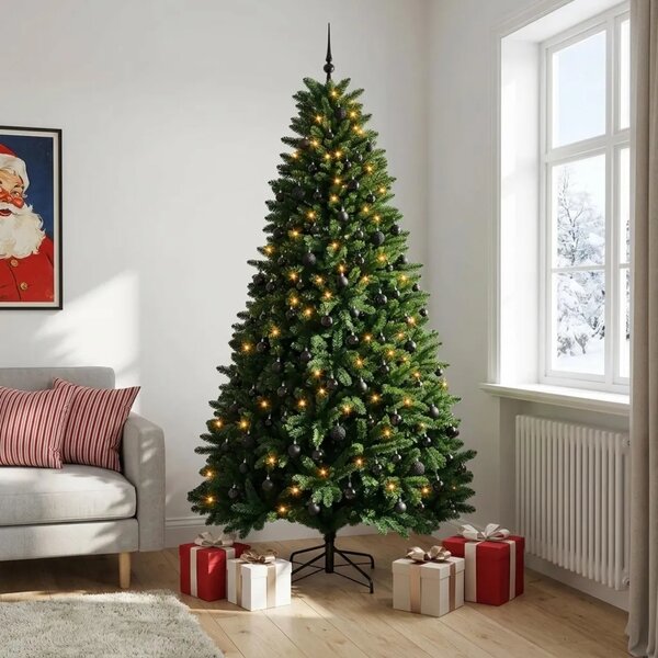 Umjetno božićno drvce srednje zeleno s kuglicama 270 cm - Srednje zelena Ø 128 x 270 cm s 300 LED dioda i crnim lopticama