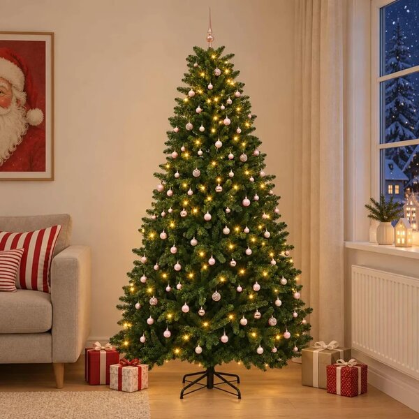 Umjetno božićno drvce srednje zeleno s kuglicama 270 cm - Srednje zelena Ø 128 x 270 cm s 300 LED dioda i ružičastim lopticama